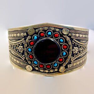 Vintage Kuchi Cuff: Black Agate, Afghan Tribal Bracelet